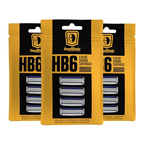 HeadBlade Men's HB6 Refill Shaving Razor Blades - 6 Stainless Steel Blades for No Tugging or Pulling, Shave Less, Works for Face, Body, and Scalp (4 Blades) 1 Pack