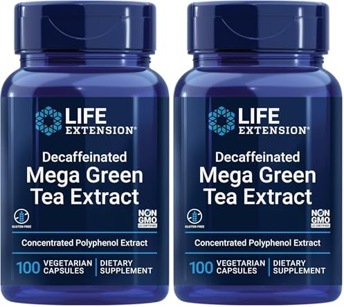 Life Extension Decaffeinated Mega Green Tea Extract – Polyphenol-Rich, Cell Health, Heart Health, Brain Health, Antioxidant Protection – Non-GMO, Gluten-Free, Vegetarian – 100 Capsules | Camellia Sinensis Extract with Concentrated EGCG Polyphenols, Glute…