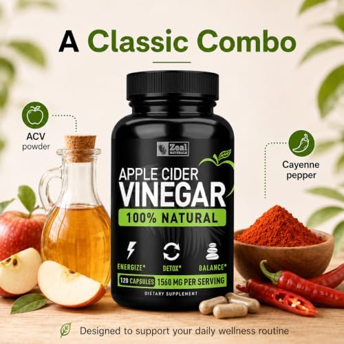 Zeal Naturals Natural Raw Apple Cider Vinegar Capsules (1560mg|120 Capsules) GLP-1 Support for Cravings, ACV Pills w Cayenne Pepper