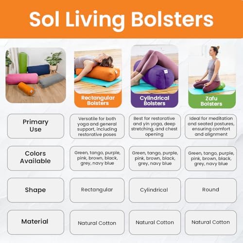 Sol Living Yoga Bolster Pillow for Restorative Yoga, 100% Cotton Meditation Cushion