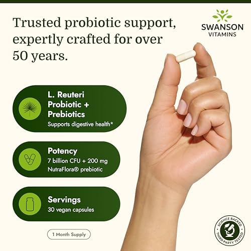 Swanson L. Reuteri Probiotic Plus, 7 Billion CFU, 30 Vegan Capsules | With Lactobacillus Rhamnosus, Acidophilus, and FOS Prebiotic for Gut-Health-Conscious Adults, Full-Spectrum Support