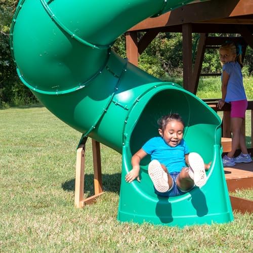 Backyard Discovery Skyfort All Cedar Swing Set, Elevated Covered Wood Roof Clubhouse with Bay Windows, 2 Belt Swings, Web Swing, 10ft Wave Slide