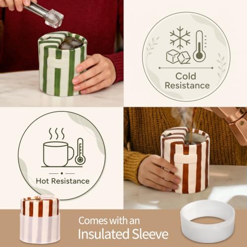 Ceramic Coffee Mug with Sip Hole Striped Travel Espresso Cup with Sleeve | Retro Hand-Painted Multiple Use