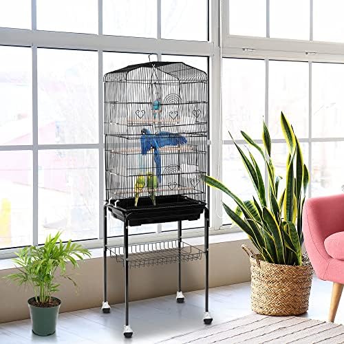 SUPER DEAL 59.3 Rolling Bird Cage Large Wrought Iron Cage for Cockatiel Sun Conure Parakeet Finch Budgie Lovebird Canary Medium Pet House with