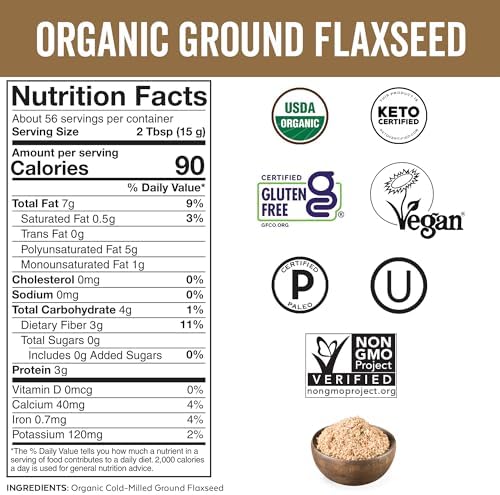 Viva Naturals Organic Ground Flaxseed, 15 oz (425 g) – Plant-Based Protein, Vegan Omega-3 & Fiber, Finely Milled Flax Seeds, Perfect for Smoothies & Baking