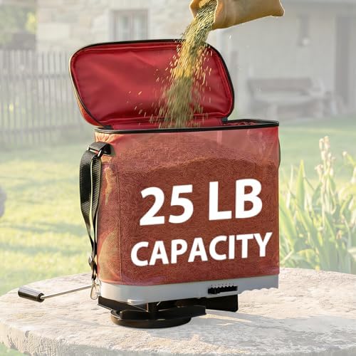 Salcod 25 lb Bag Seed Spreader, Handheld Broadcast Fertilizer Spreader, Red | Waterproof Bag, Enclosed Gears, Rear Baffle, Adjustable Shoulder Strap
