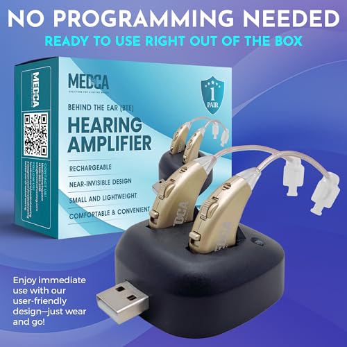 Digital Hearing Amplifiers - Rechargeable BTE Personal Sound Amplifier Pair with USB Dock - Premium Gold Behind The Ear Sound Amplification - by