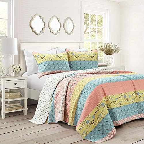 Lush Decor Royal Empire Reversible Cotton Quilt Set, 3 Piece Set Full/ Queen, Plum - Striped Bedding Set - Floral Quilt Queen Size - Purple Bedding - Boho Decor