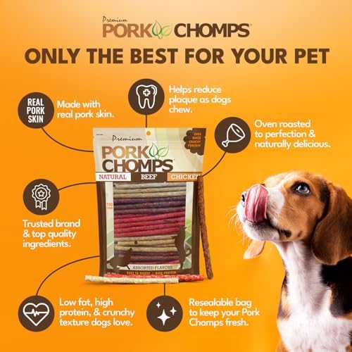 Pork Chomps Dog Chews, 5 in Munchy Sticks, Assorted Flavors, 50 Count | Oven-baked from real pork skin - a rawhide-free chew that's low in fat, high in protein, and easy to digest