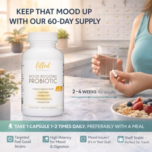 Lifted Naturals Mood Boosting Probiotic 30 Billion CFU - Mood Support Supplement, Prebiotics and Probiotics for Women & Men