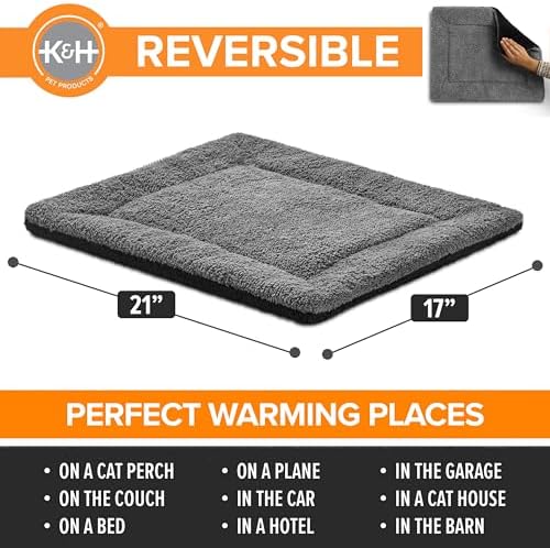 K&H Self-Warming Cat Bed Pad, Self Heating Pad for Outdoor Cat Houses, Warming Mat for Indoor Pet Beds & Furniture, Reversible Blanket, Machine Washable - Small 21 X 17in Gray/ Black