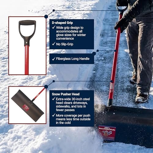Heavy Duty Steel Snow Pusher - Extra Long Fiberglass D-Grip Handle, Durable Wide Metal Push Shovel for Driveways, Sidewalks & Parking Lots