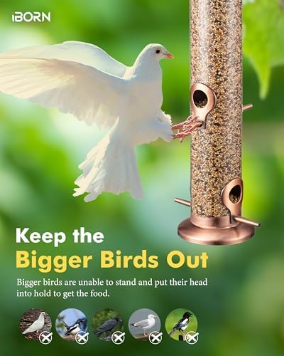 Bird Feeders for Outdoors 15" 4 Ports Chew-Resistant, Copper-Plating, 1PK | Metal, Durable Outdoors, Flip-top Easy Refill & Clean, Mixed Seeds