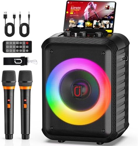 JYX Karaoke Machine for Adults & Kids with 2 Wireless Microphones, Portable Bluetooth Speaker with LED Lights, Supports USB/TF Card/AUX for Party