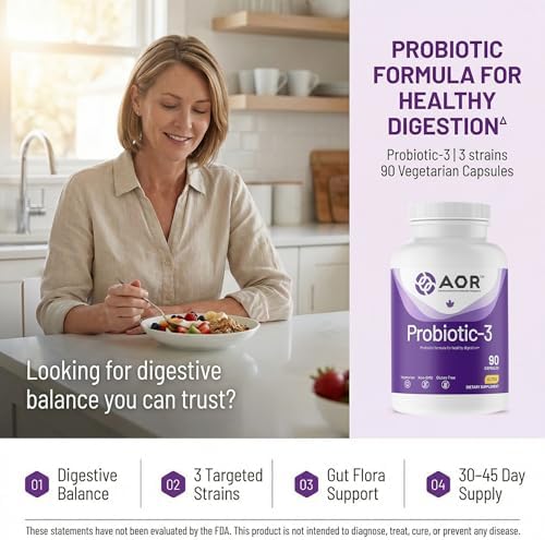 AOR Probiotic Capsules for Gut Health, Shelf Stable, 90 Capsules 30-45 Days | No Refrigeration for Travel, Three Strain Formula, Survives Digestion