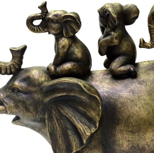 Nature's Mark 8" H 3 Baby Elephants Riding an Elephant Resin Statue Figurine Home Decorative Accent Decor (Brown)