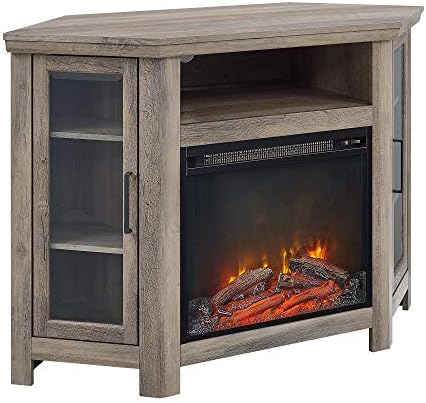 Walker Edison Alcott Classic Glass Door Fireplace Corner TV Stand for TVs up to 55 Inches, 48 Inch, White Oak
