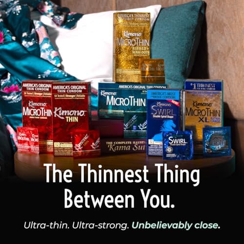 Kimono MicroThin Sheer Variety Pack of 12 - Multiple Styles of Ultrathin Condom Shapes, Unique Designs in One Pack, Natural Latex Condoms, Vegan-Friendly, No Latex Odor - Enhanced Sensitivity