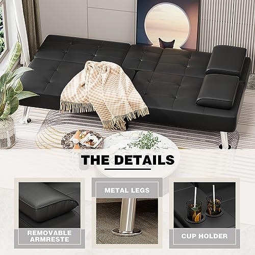 JUMMICO Faux Leather Futon Sofa Bed, Sleeper Sofa with Adjustable Backrest