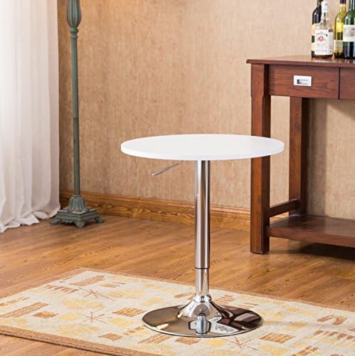 Roundhill Furniture Adjustable Height Wood and Chrome Metal Bar Table, White