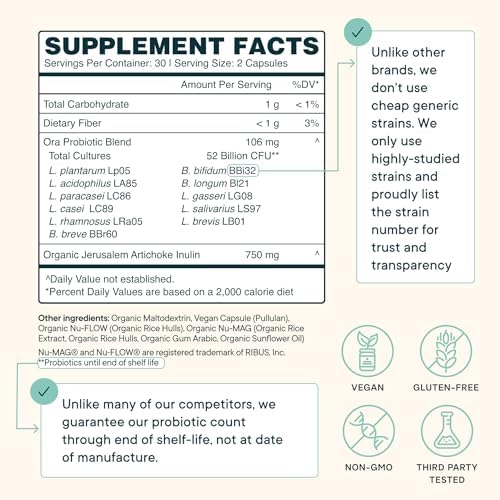 Ora Organic Vegan Probiotic and Prebiotic Capsules | 16 Billion Probiotics + Organic Prebiotics, Dairy-Free, Gluten-Free, for Sensitive Stomachs- 1 Month Supply (60 Capsules)