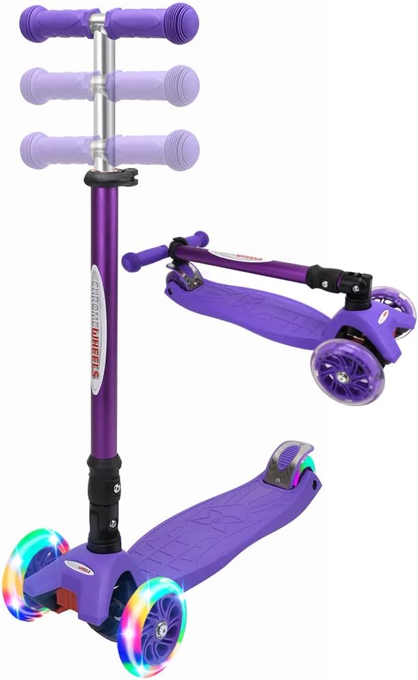 ChromeWheels Foldable Scooters for Kids, Deluxe Kick Scooter 4 Adjustable Height 132lbs Weight Limit 3 Wheel, Lean to Steer LED Light Up Wheels