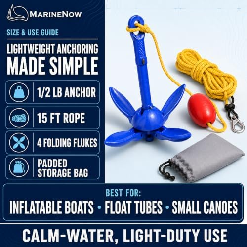 1/2 lb Aluminum Folding Grapnel Anchor Kit with 15 ft Marine-Grade Rope, Float, Snap Hook & Padded Bag for Inflatable Boats, Canoes, & Float Tubes