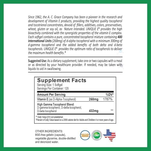 UNIQUE E A.C. Grace Company Mixed Tocopherols 120 Soft Gels, Supports Healthy Brain Function, General Health, and Aging Support