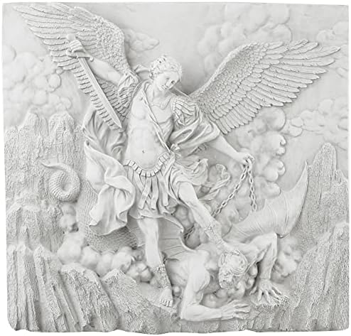 Design Toscano Michael the Archangel Slaying Demon Indoor/Outdoor Wall Frieze Sculpture, 22 inches wide, Cast Stone Resin, Antique Stone Finish