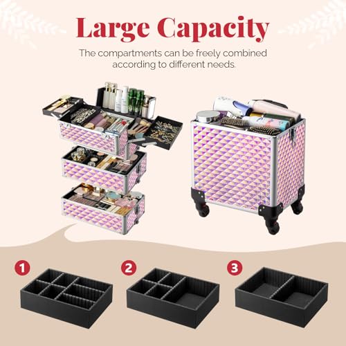 mefeir 4 in 1 Rolling Makeup Train Case, Aluminum Makeup Travel Organizer Cosmetic Case, Cosmetology Display Suitcase on Wheels, Beauty Storage Luggage Lockable w/4 Removable Wheels (Black)