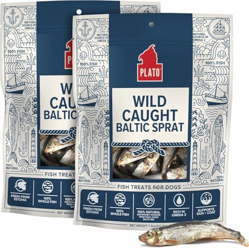 PLATO Single Ingredient Wild-Caught Baltic Sprat Dog Treats, Air-Dried Whole Fish, Omega-Rich Skin & Coat Support, 3 oz