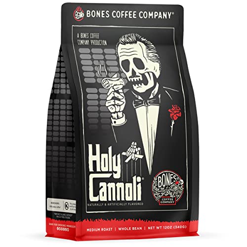 Bones Coffee Company Highland Grog, Butterscotch Caramel Flavored Coffee, Medium Roast Low Acid Arabica Beans Compatible with Auto drip and French Press Coffee Maker, 12 Oz Whole Bean