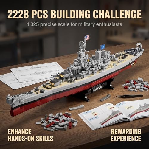 USS Missouri Battleship Building Blocks Set, 2228PCS WW2 Military Series Warship Model Building Kit