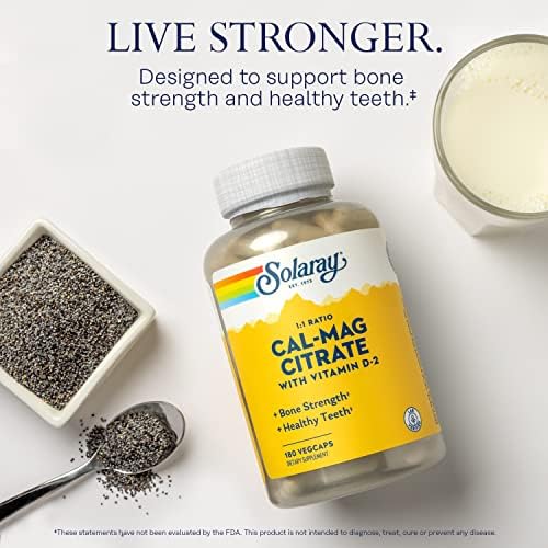 SOLARAY Calcium Magnesium Citrate 1:1 with Vitamin D2, 180 VegCaps | Bone, Muscle, Teeth & Nerve Support, Calcium & Magnesium Citrate with Vitamin D2