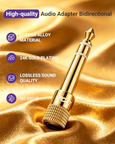 VCE 3.5mm to 1/4 Adapter Stereo Headphone Adapter, 24K Gold-Plated, 2-Pack | Seamless Audio Connection, Premium Sound Fidelity, Secure TRS Connection for Aux Cable, Guitar Amplifier, Headphone