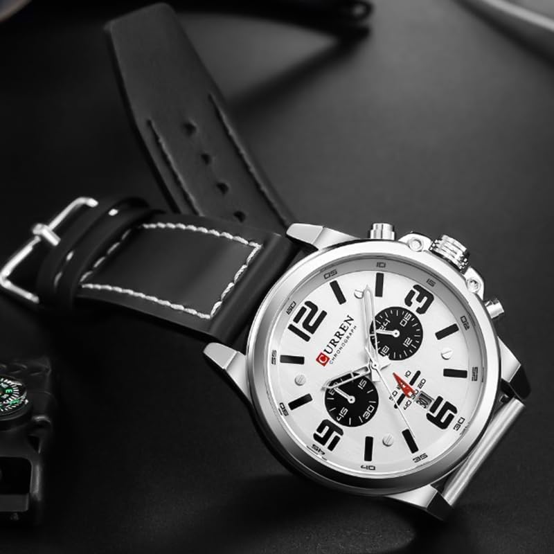 FANMIS Mens Classic Analog Quartz Chronograph Sandwich Dial Leather Watch