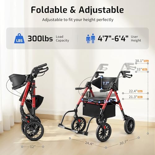 2 in 1 Rollator Wheelchair Combo Walker for Seniors with Seat | Transport-Wheelchair-Lightweight-Foldable with Adjustable Seat and Handle