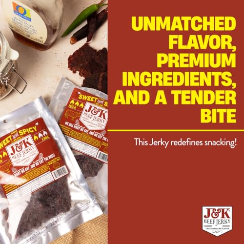 J&K Sweet and Spicy Beef Jerky - Hand Crafted Small Batch American Made Slab Beef Jerky - Bold & Flavorful Snack! - 7oz Big Bag