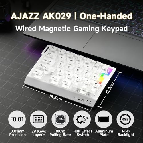 AJAZZ AK029 Wired One-Handed Hall Effect Mechanical Gaming Keypad, 29 Keys | Magnetic Switch, Rapid Trigger, 8KHz Polling, SOCD/DKS, RGB Backlit, Web Driver Customizable, Portable, Black Gray