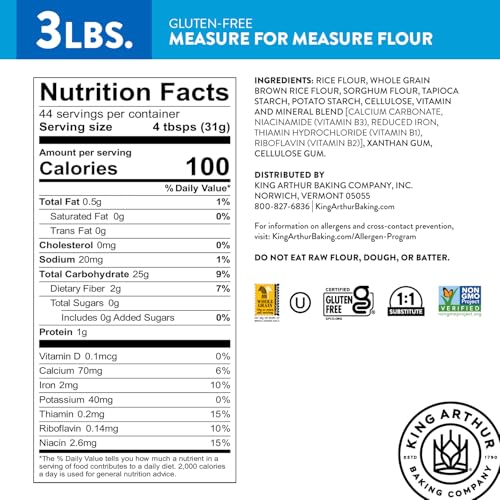 King Arthur Measure for Measure Gluten-Free Flour: All-Purpose 1:1 Substitute for Wheat Flour, Non-GMO, Kosher Certified, 3 lbs Bag for Baking Cookies, Cakes, Muffins
