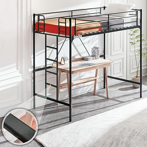 Bonnlo Metal Loft Bed with Stairs and Flat Rung, Junior Loft Bed Twin Size High Loft Bed for Kids/Teens/Adults, No Box Spring Required, Black