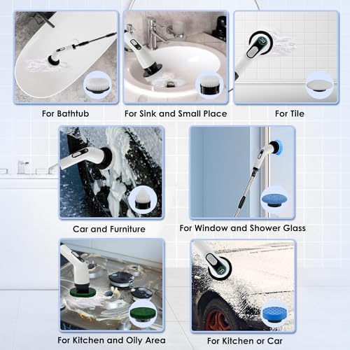 Electric Spin Scrubber for Cleaning, Cordless Power Scrubber with Long Handle, 10 Replaceable Brush Heads, 2-Speed, IPX7 Waterproof for Bathroom
