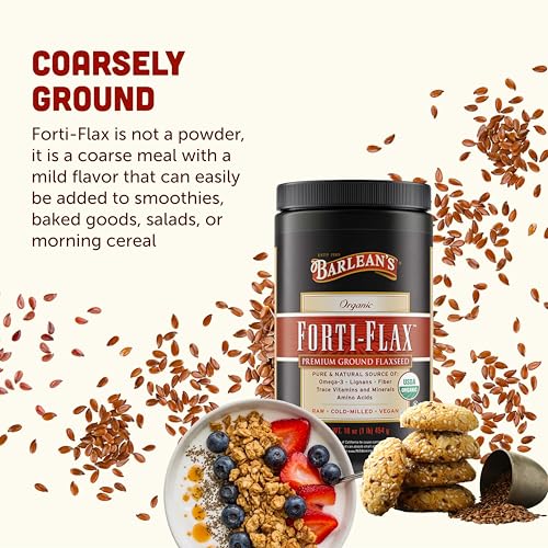 Barlean's Forti-Flax Organic Ground Flaxseed, Omega-3 Fiber, 16oz, 2-Pack | Ground whole raw flax seeds, Lignans, ALA omega-3, Fiber, Non-GMO, Vegan, For smoothies, baking, oatmeal & yogurt