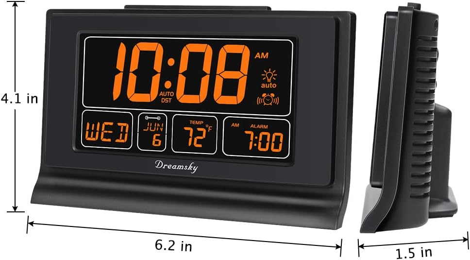 DreamSky Alarm Clocks for Bedrooms with Battery Backup, Auto Set | Digital Clock with Date & Day of Week, 5 Inch Large Display, Weekday, Temperature, USB Port, Auto DST, Brightness Dimmer