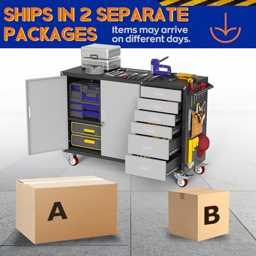 Eltean 55" W Rolling Workbench with 6 Drawers and Storage Cabinet, 1000 LB Capacity Heavy Duty Work Bench with Pegboard and Adjustable Shelf