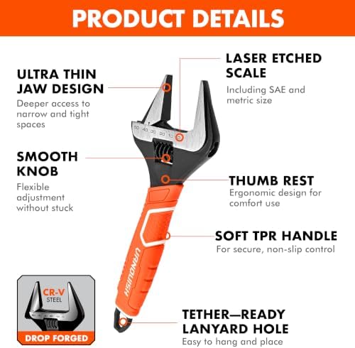 VANQUISH 12 Inch Adjustable Wrench, 2-3/8” Wide Jaw Opening Plumbing Wrench, CR-V Steel, SAE and Metric Scale Marked, With Comfort Grip Handle and Hanging Hole (3154)