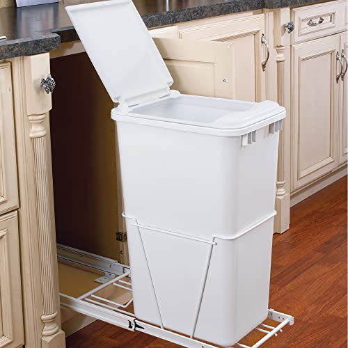 Rev-A-Shelf Single 35 Qt Pullout Trash Can for Base Kitchen Cabinets | Garbage Waste Bin System with 3/4 Extension Slides, Min Opening Width of 11, White, RV-12PB