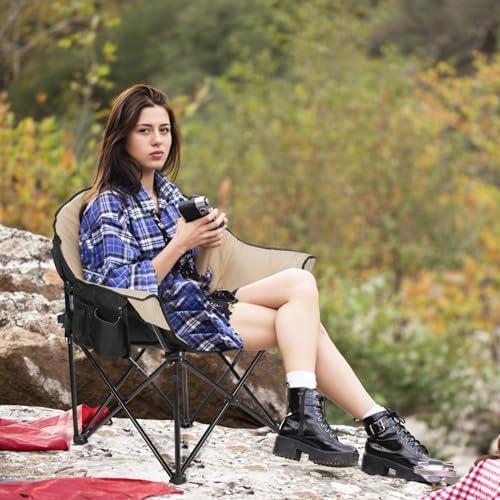 Oversized Camping Chairs Padded Heavy Duty Folding Support 400LBS | Comfy Lawn Chairs for Adults Outdoor Sports with Side Mesh Bag & Cup Holder, Portable Foldable, Sturdy Steel Frame (Grey)