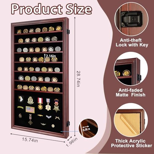 Jinchuan Military Challenge Coin Display Case Lockable Cabinet Rack Holder Shadow Box with Removable 2 Grooves Shelves and Anti Dust Door for Casino