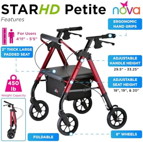 NOVA Star Heavy Duty Petite Rollator Walker with Large Padded Seat, 8" All-Terrain Wheels, Locking Hand Brakes, Height Adjustable